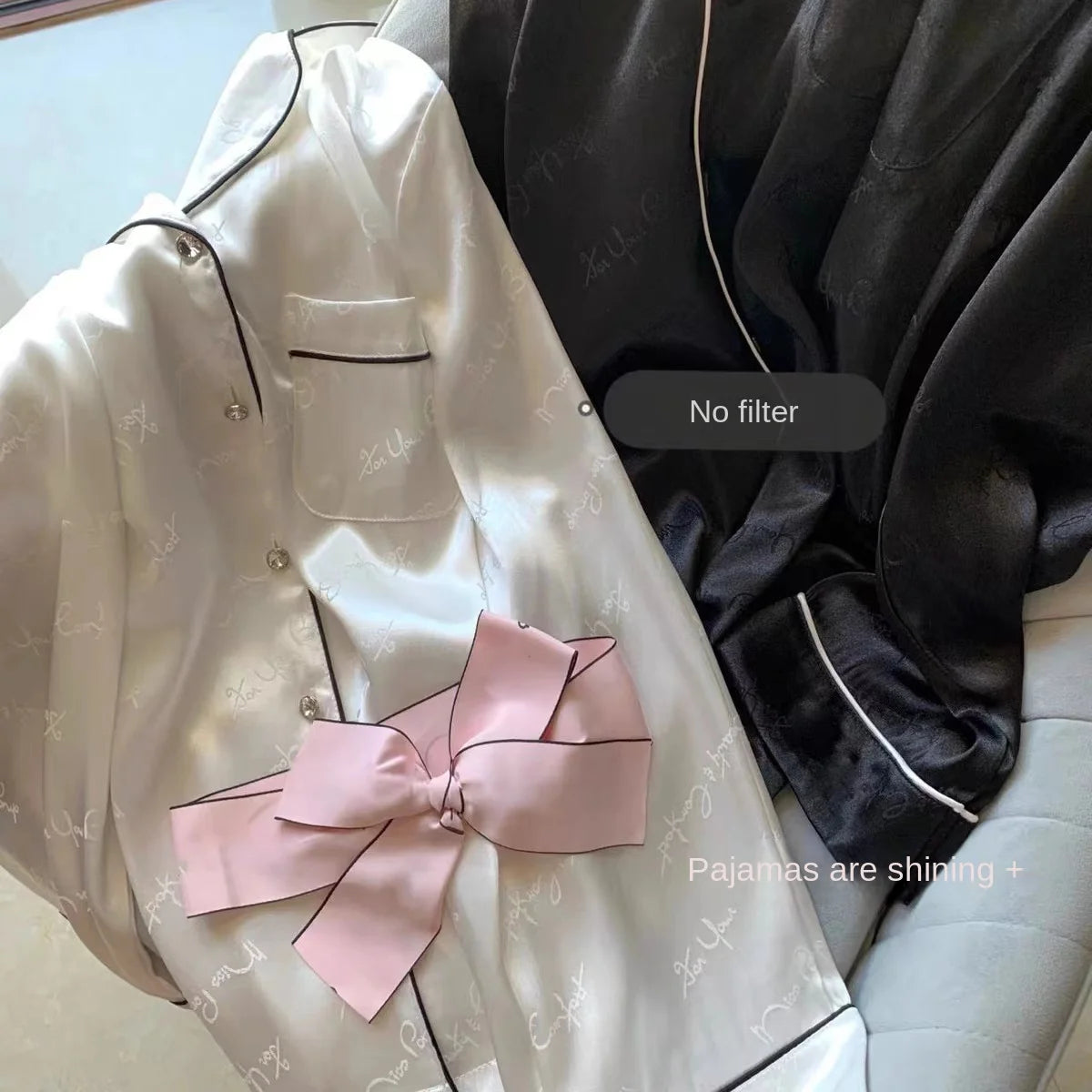 2 Piece Pajama Set Spring Summer Long Sleeve Pajamas Faux Silk Sleepwear Letter Print Casual Satin Pajama Set for Couples Outfit