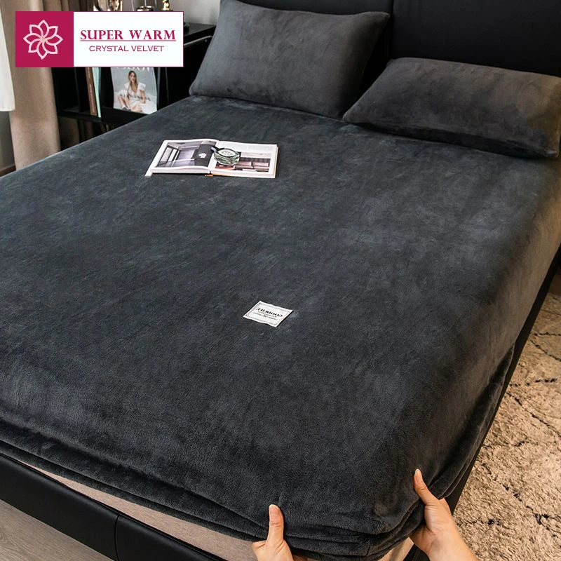 WOSTAR Soft warm plush fitted sheet elastic mattress cover fluffy coral fleece bed linen winter couple luxury double bed bedding