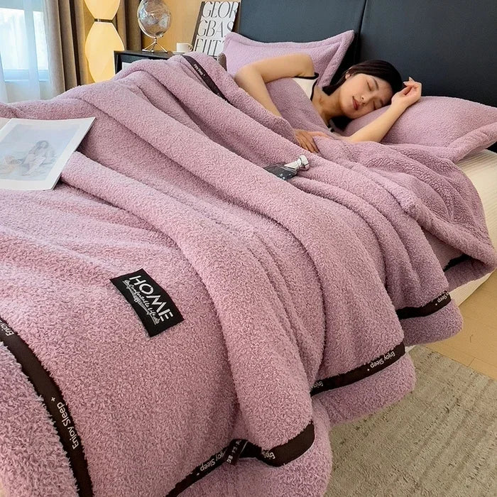 Solid color Class A thickened half-edge fleece light luxury sofa blanket coral fleece blanket multi-functional blanket