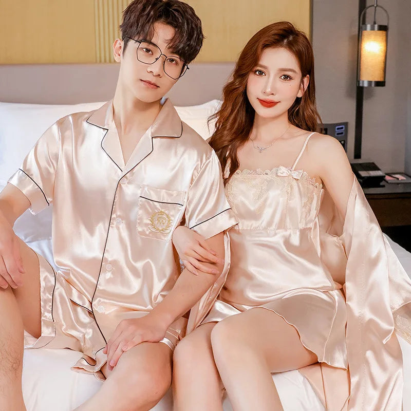 Sexy Lace Pajama Suit Satin Silk Pyjamas Sets Couple Sleepwear Casual Family Pijama Lover Nightgowns Men Women Plus Size Pajamas