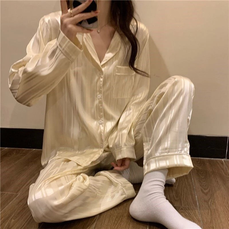 2 Piece Pajama Set Spring Summer Long Sleeve Pajamas Faux Silk Sleepwear Letter Print Casual Satin Pajama Set for Couples Outfit
