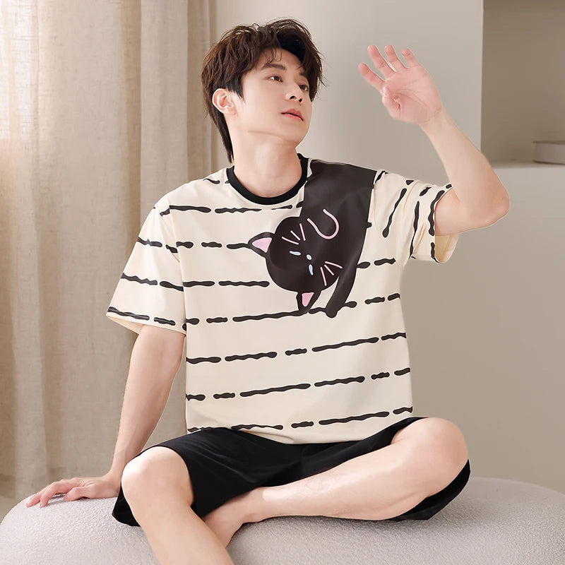Newest Couple Pajamas Set Summer Short Sleeve Sleepwear 100% Cotton Men Women Striped Pijamas Women Nightgown With Chest Pad