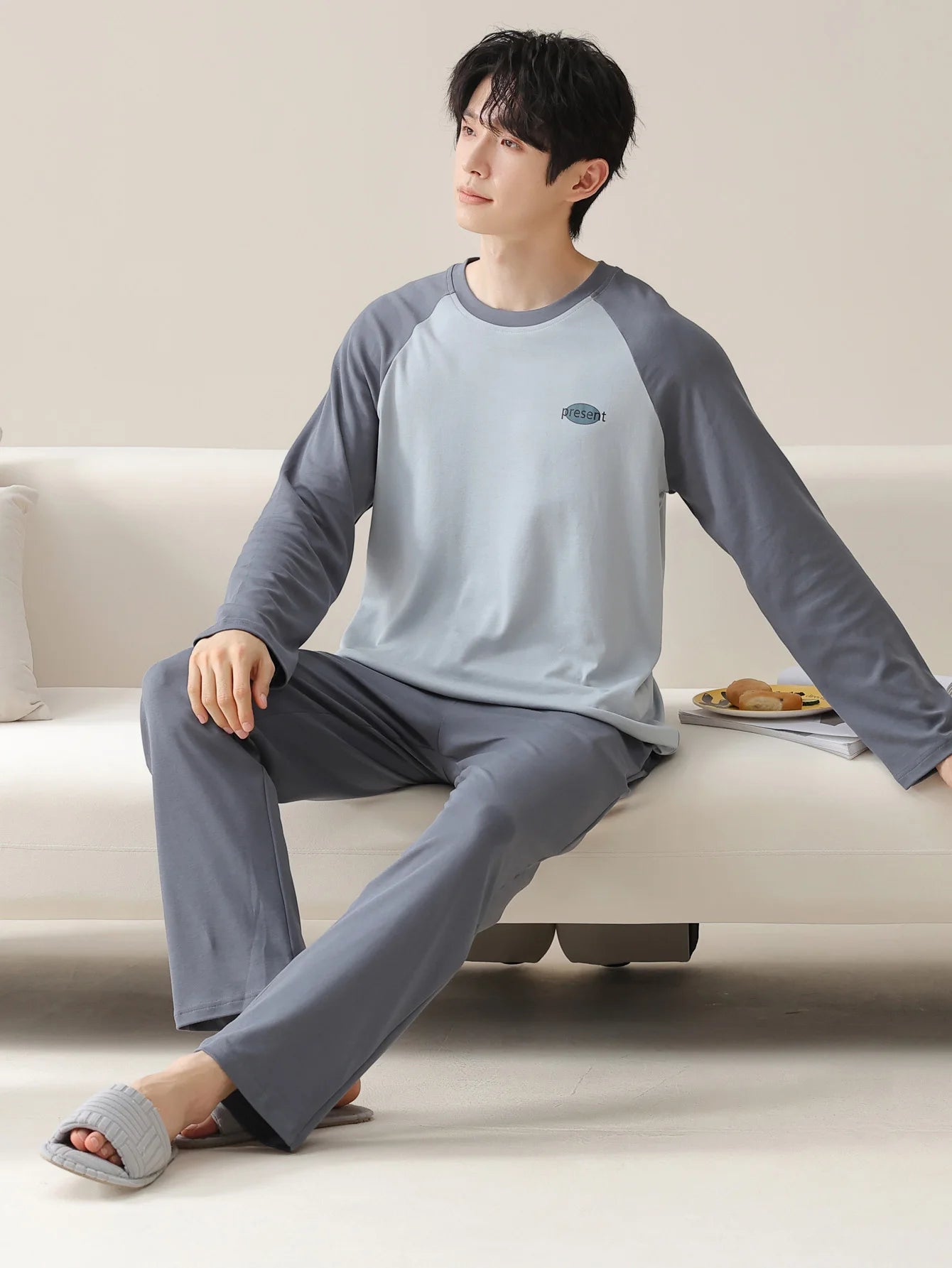 Men's 100% cotton long sleeved four season plus size men's sleepwear, teenage pure cotton home suit set for warmth