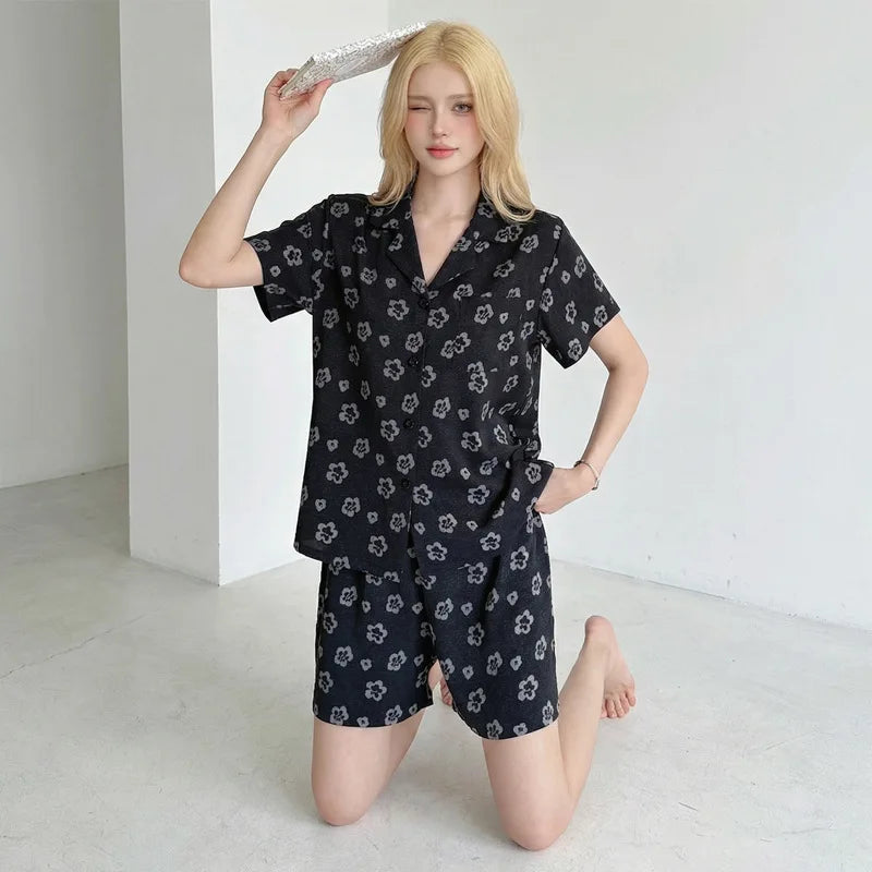 26 Spring Summer Print Couple Pajamas Women Men Short-sleeve Pants 2piece Set Plus-size Ice Silk Fashion Nightgown Sleepwear