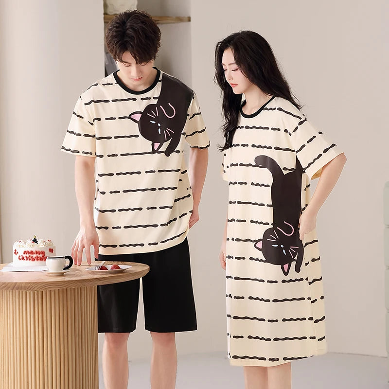 Newest Couple Pajamas Set Summer Short Sleeve Sleepwear 100% Cotton Men Women Striped Pijamas Women Nightgown With Chest Pad