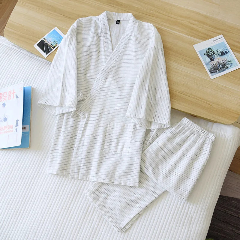 Japanese kimono two-piece men's spring and summer new 100% cotton bathrobe two-piece long pajamas home service set robe sets