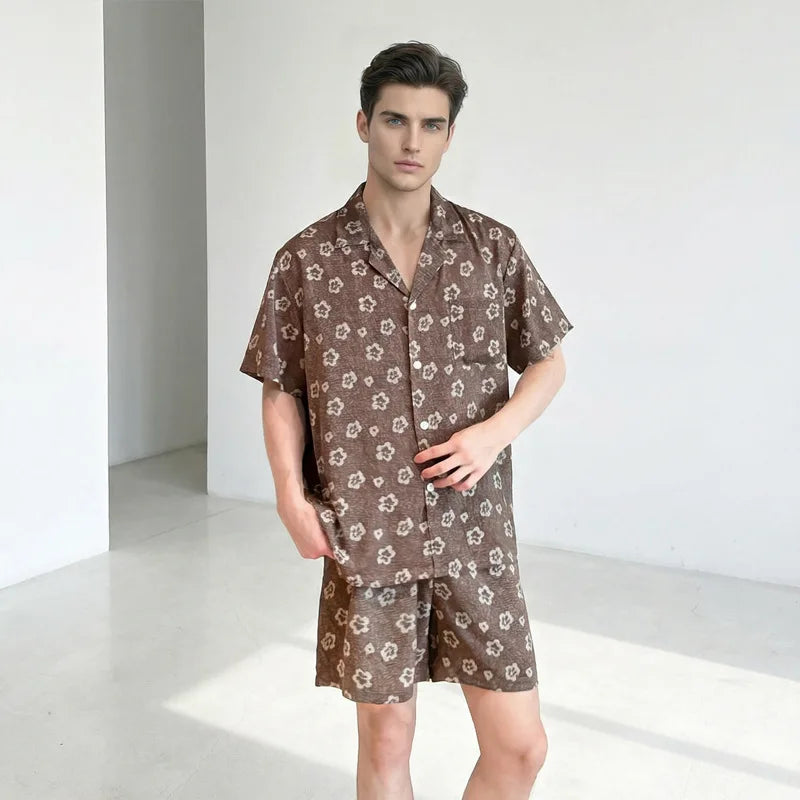 26 Spring Summer Print Couple Pajamas Women Men Short-sleeve Pants 2piece Set Plus-size Ice Silk Fashion Nightgown Sleepwear