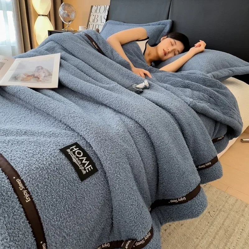 Solid color Class A thickened half-edge fleece light luxury sofa blanket coral fleece blanket multi-functional blanket