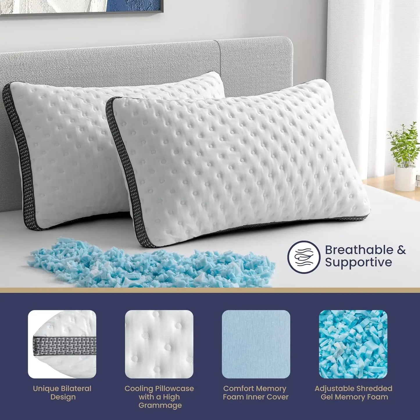 BedStory Cooling Pillow 1 Pack Q/K, Cooling Gel Memory Foam Bed Pillow, Medium Firm Pillow for Sleeping, CertiPUR-US Certified