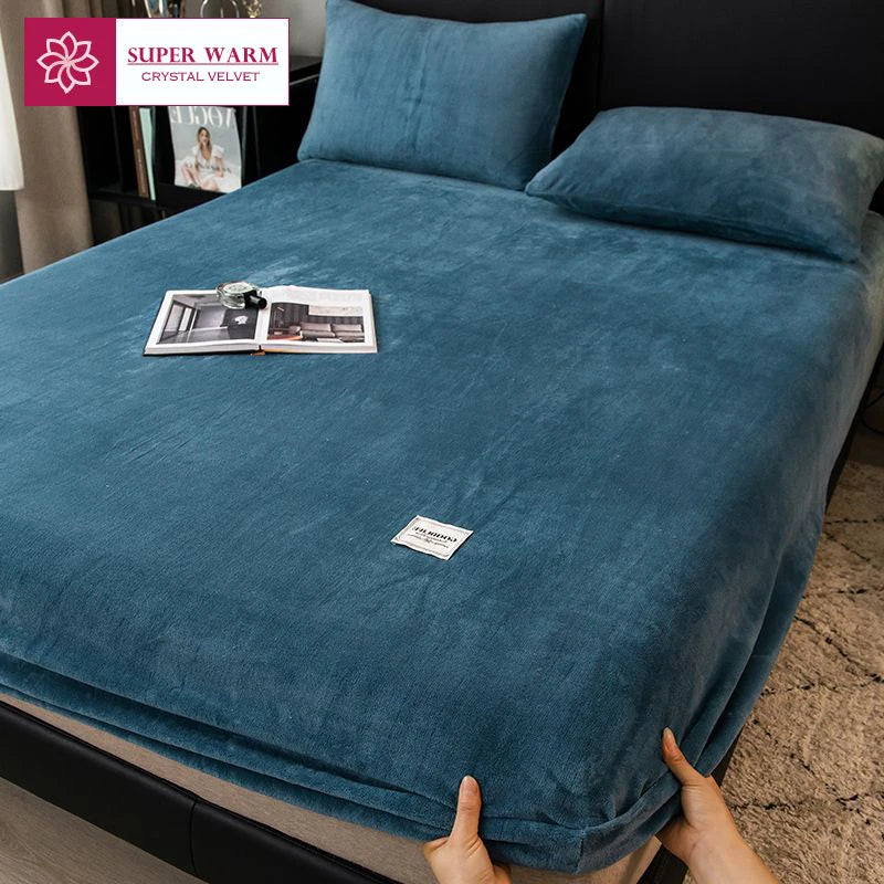 WOSTAR Soft warm plush fitted sheet elastic mattress cover fluffy coral fleece bed linen winter couple luxury double bed bedding