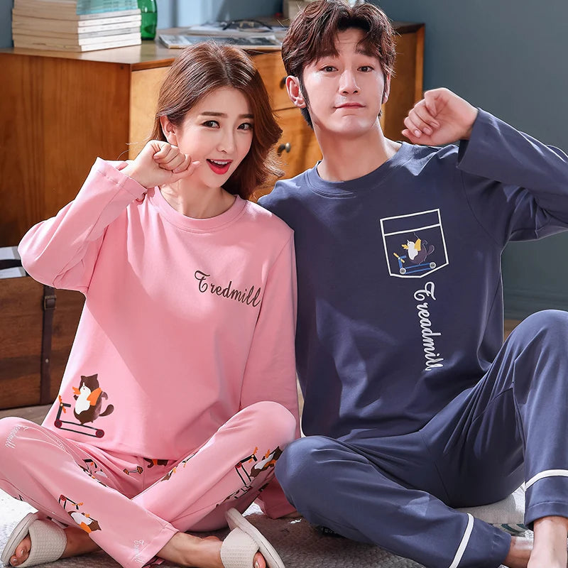Couple's Pijama Sets M-3XL Autumn Spring Pajamas Lovely Cartoon Sleepwear Cotton Pyjamas For Women Man Top Pant Leisure Outwear