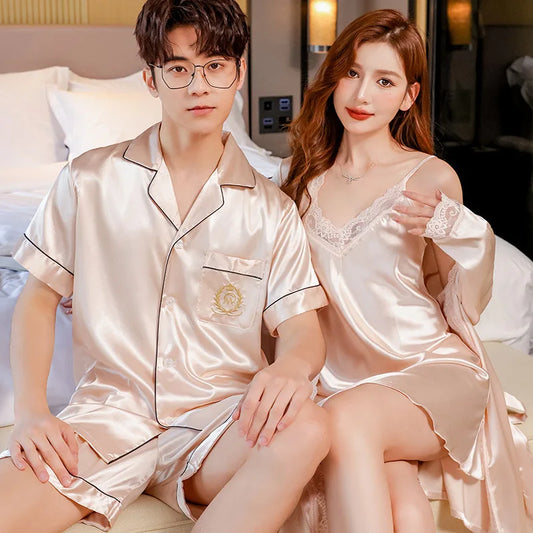 Sexy Lace Pajama Suit Satin Silk Pyjamas Sets Couple Sleepwear Casual Family Pijama Lover Nightgowns Men Women Plus Size Pajamas