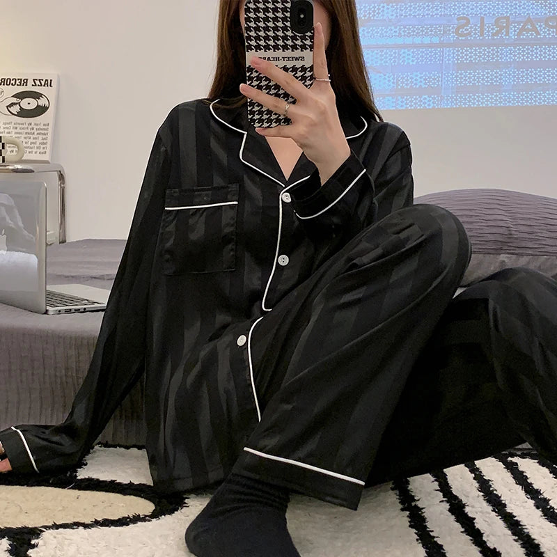 2 Piece Pajama Set Spring Summer Long Sleeve Pajamas Faux Silk Sleepwear Letter Print Casual Satin Pajama Set for Couples Outfit