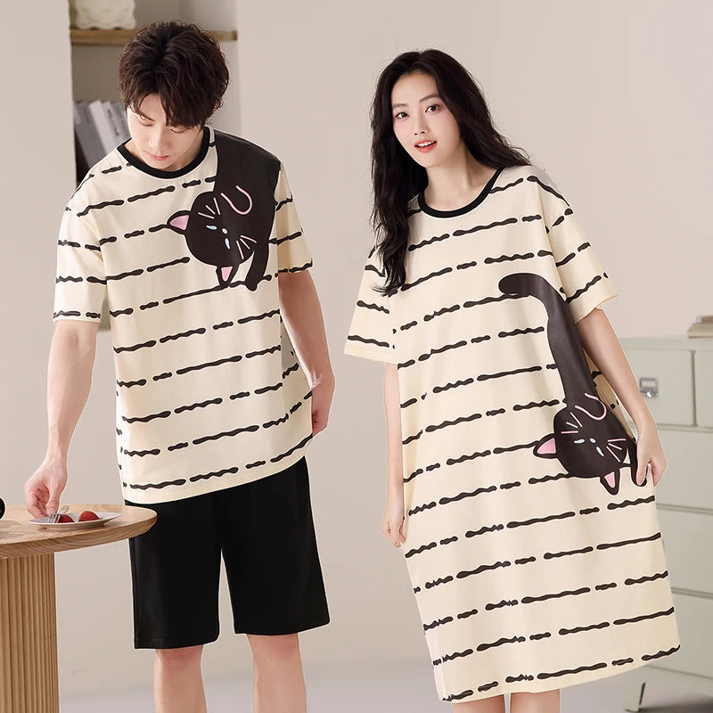 Newest Couple Pajamas Set Summer Short Sleeve Sleepwear 100% Cotton Men Women Striped Pijamas Women Nightgown With Chest Pad