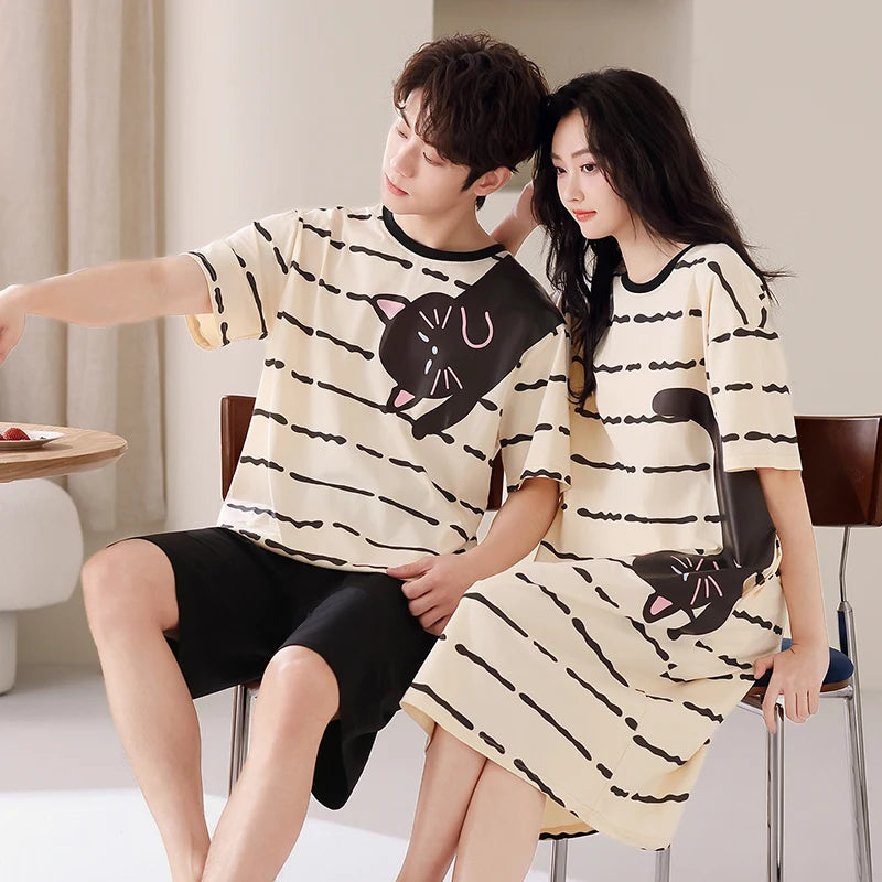 Newest Couple Pajamas Set Summer Short Sleeve Sleepwear 100% Cotton Men Women Striped Pijamas Women Nightgown With Chest Pad