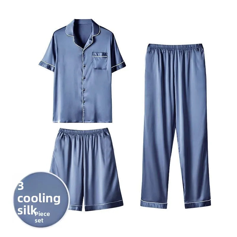 Men's Summer Silk Spwear ort Sve Thin Ice Silk Large Size Home Clothes Tee-piece Set Couple's Lightweight Pajamas