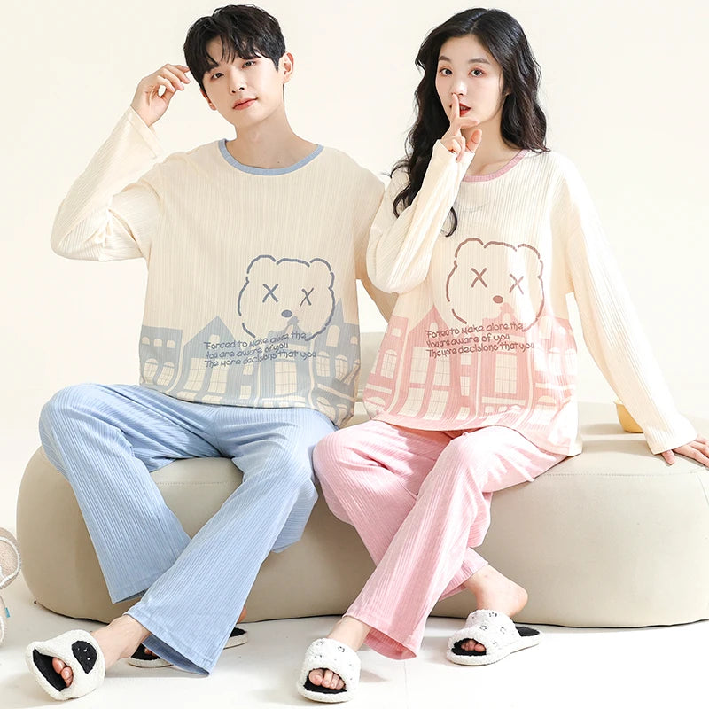 Couple's Pijama Sets M-3XL Autumn Spring Pajamas Lovely Cartoon Sleepwear Cotton Pyjamas For Women Man Top Pant Leisure Outwear