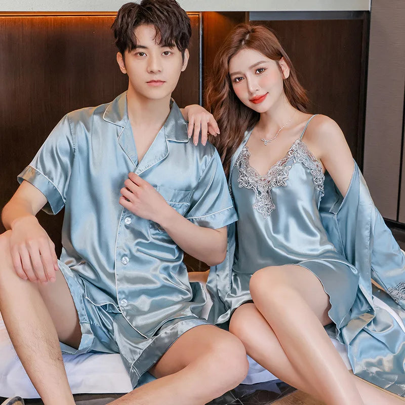 Sexy Lace Pajama Suit Satin Silk Pyjamas Sets Couple Sleepwear Casual Family Pijama Lover Nightgowns Men Women Plus Size Pajamas