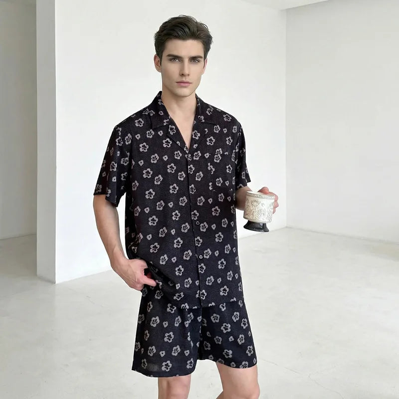 26 Spring Summer Print Couple Pajamas Women Men Short-sleeve Pants 2piece Set Plus-size Ice Silk Fashion Nightgown Sleepwear