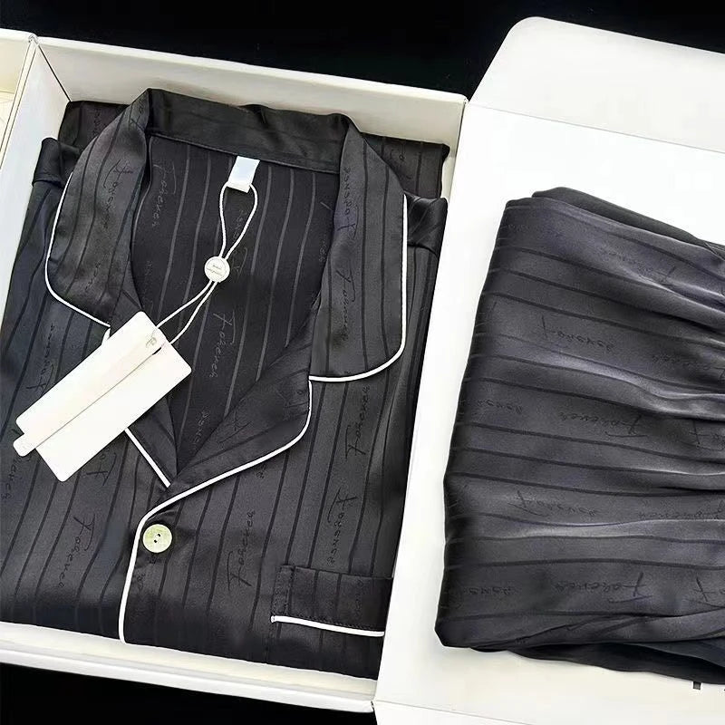 2 Piece Pajama Set Spring Summer Long Sleeve Pajamas Faux Silk Sleepwear Letter Print Casual Satin Pajama Set for Couples Outfit