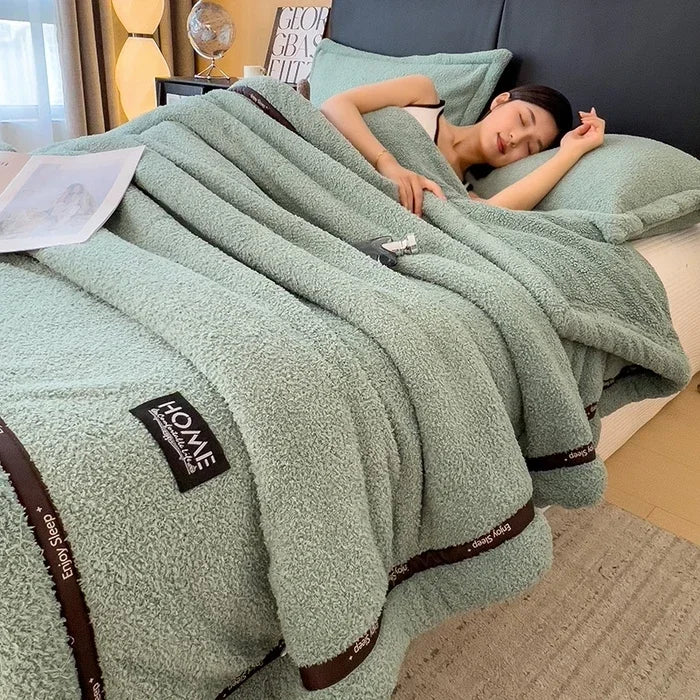 Solid color Class A thickened half-edge fleece light luxury sofa blanket coral fleece blanket multi-functional blanket