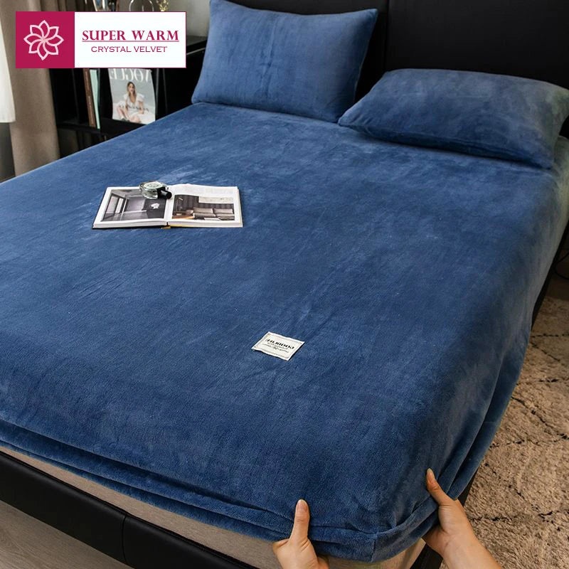 WOSTAR Soft warm plush fitted sheet elastic mattress cover fluffy coral fleece bed linen winter couple luxury double bed bedding
