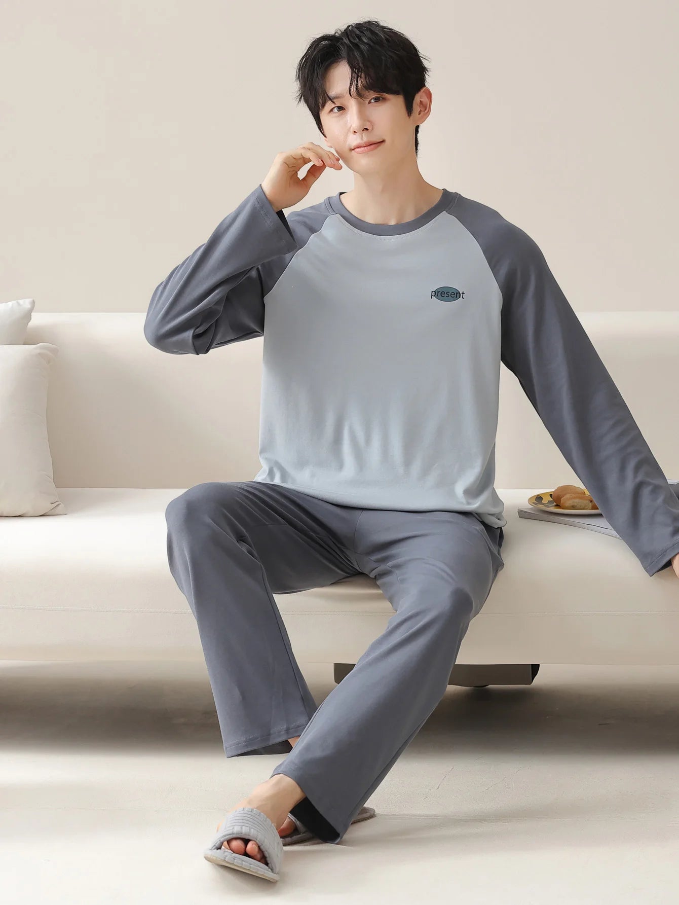 Men's 100% cotton long sleeved four season plus size men's sleepwear, teenage pure cotton home suit set for warmth