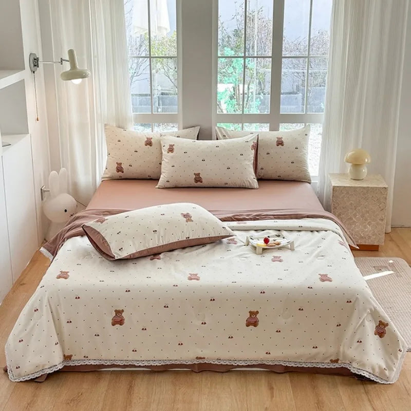 2025 new small fresh printed knitted double-layer yarn Korean version lace summer quilt four-piece summer air conditioner quilt