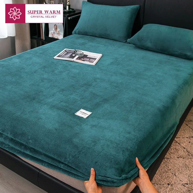 WOSTAR Soft warm plush fitted sheet elastic mattress cover fluffy coral fleece bed linen winter couple luxury double bed bedding