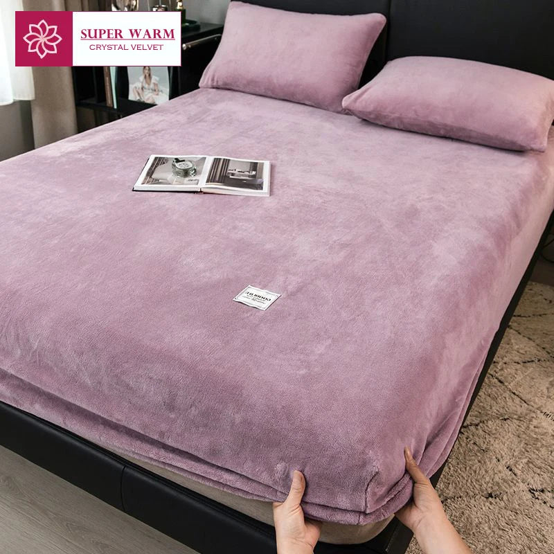 WOSTAR Soft warm plush fitted sheet elastic mattress cover fluffy coral fleece bed linen winter couple luxury double bed bedding
