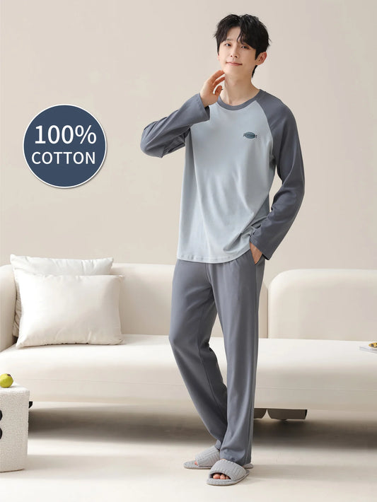 Men's 100% cotton long sleeved four season plus size men's sleepwear, teenage pure cotton home suit set for warmth