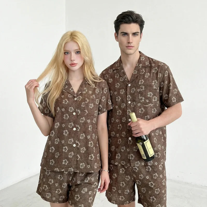 26 Spring Summer Print Couple Pajamas Women Men Short-sleeve Pants 2piece Set Plus-size Ice Silk Fashion Nightgown Sleepwear