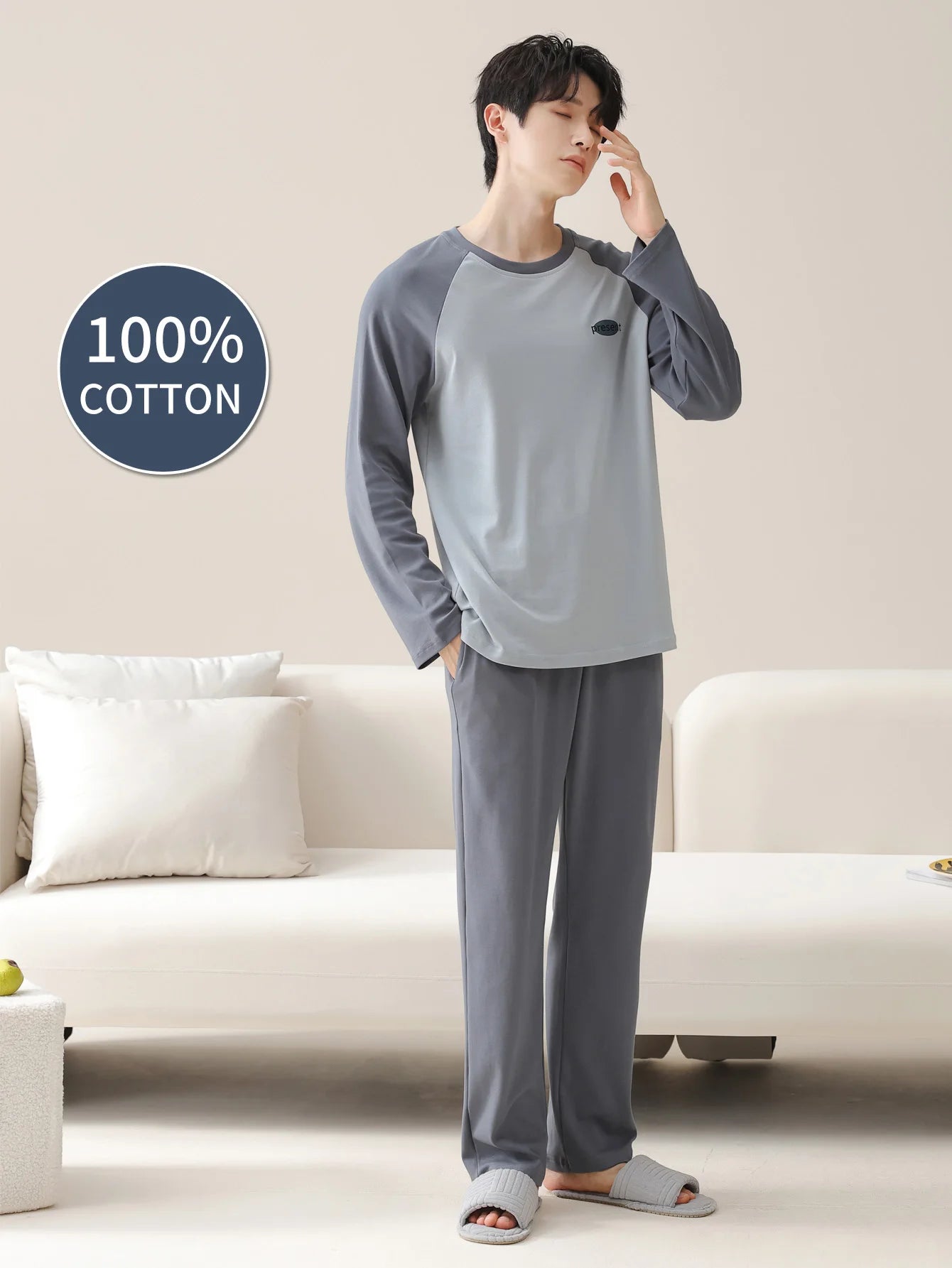 Men's 100% cotton long sleeved four season plus size men's sleepwear, teenage pure cotton home suit set for warmth
