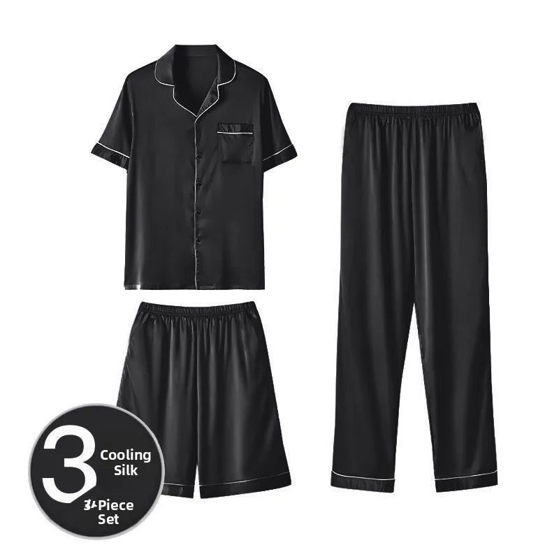 Men's Summer Silk Spwear ort Sve Thin Ice Silk Large Size Home Clothes Tee-piece Set Couple's Lightweight Pajamas
