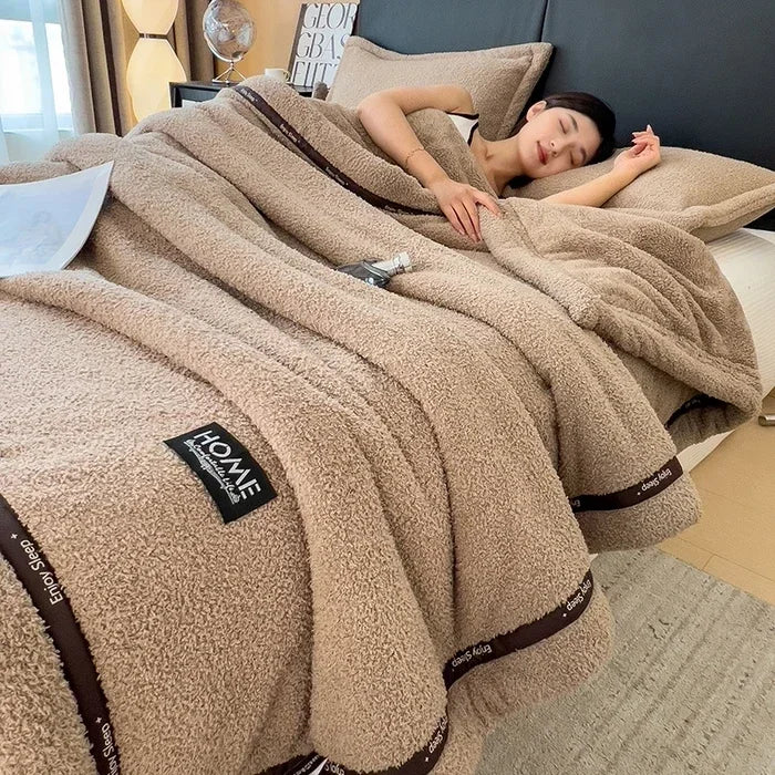 Solid color Class A thickened half-edge fleece light luxury sofa blanket coral fleece blanket multi-functional blanket